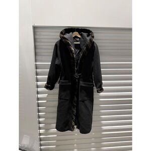 Fitz-Wright Vintage Wool Faux Fur Trim Hooded Long Coat Black Parka 5/6